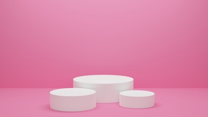 White podium or White circle platform on Pink Backdrop and the Studio bright lighting, Concept of Minimal and clean for placing products, 3D rendering image.