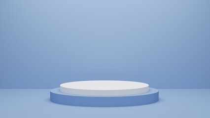 White podium or White circle platform on Blue Backdrop and the Studio bright lighting, Concept of Minimal and clean for placing products, 3D rendering image.