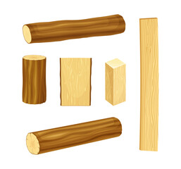 Set of wood lumber industry materials. Tree trunks, logs, planks. Hardwood timber materials vector illustration