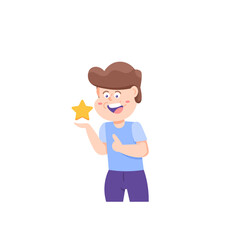 a happy boy and a star. give a rating, review, feedback. customer assessment. superstar, rated, best and most popular. funny, cute, and adorable characters. character design