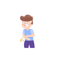 a boy is holding a tummy because it hurts. symptoms of heartburn, GERD, inflammation of the stomach and intestines. diseases of the organs or digestive system. stomachache or hunger. health problems