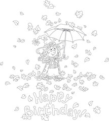 Happy birthday card with a funny little witch and a striped toy umbrella under falling and swirling autumn leaves, black and white outline vector cartoon illustration for a coloring book