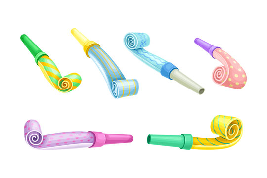 Party whistles set. Pipe blowers for festive event celebration cartoon vector illustration