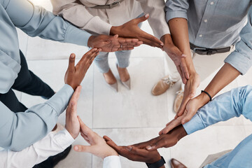 Teamwork, workflow and synergy hands of business people team building together for support, network...