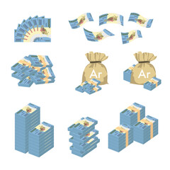 Obraz premium Malagasy Ariary Vector Illustration. Huge packs of Madagascar money set bundle banknotes. Bundle with cash bills. Deposit, wealth, accumulation and inheritance. Falling money 20000 MGA