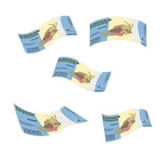 Malagasy Ariary Vector Illustration. Madagascar money set bundle banknotes.  Falling, flying money 20000 MGA. Flat style. Isolated on white background. Simple minimal design.