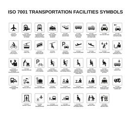 set of iso 7001 transportation facilities symbols on white background