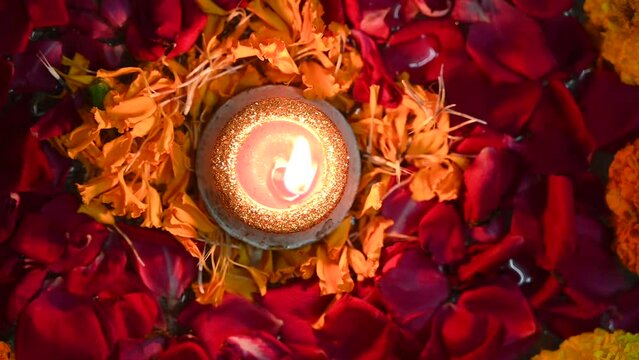 Diya decoration at an Indian house on the auspicious day of Great Indian Festival Diwali  