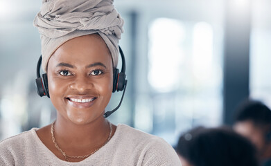 Customer service, black woman call center portrait, sales consulting and telemarketing customer support worker. Happy consultant face, contact us office and communication help advisor, crm management
