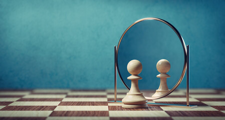 Pawn looking in the mirror. 3d illustration.