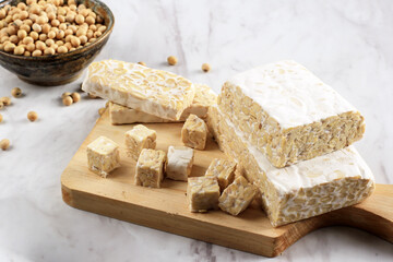 Raw Cubed Tempeh or Tempe, Fermented Soy Bean