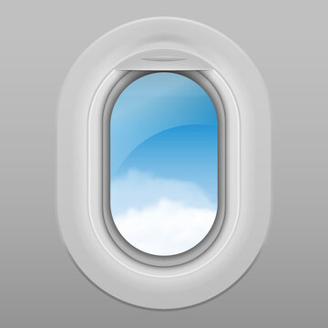 Realistic window of airplane. Sky with white clouds viewed from inside an airplane windows. Vector illustration.
