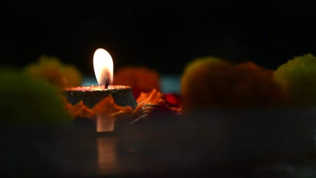 Diya decoration at an Indian house on the auspicious day of Great Indian Festival Diwali  