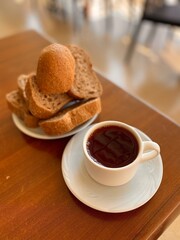Fresh amazing air soft bread. Traditional turkey food. Beautiful appetites bakery background. Wooden table.
