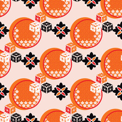 Beautiful japanese seamless pattern with clouds, waves, Daruma,  plum, fan, sakura flower Vector template kimono asian texture. For printing on packaging, textiles, paper,fabric, manufacturing, wallpa