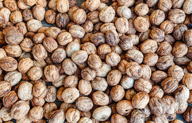 Walnuts, unbroken in bulk, many pieces, background of nuts