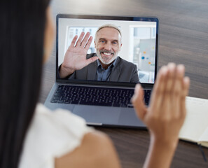 Video call, virtual business meeting and wave hand using laptop for online streaming connection for...