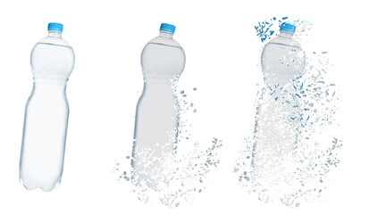 Set with bottles of water vanishing on white background. Decomposition of plastic pollution, banner...