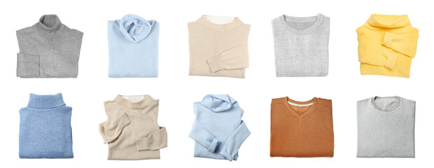 Set with cashmere sweaters isolated on white, top view. Banner design