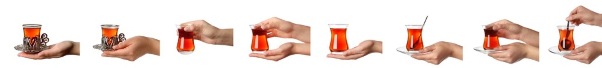 Collage with photos of women holding glasses with traditional Turkish tea on white background....