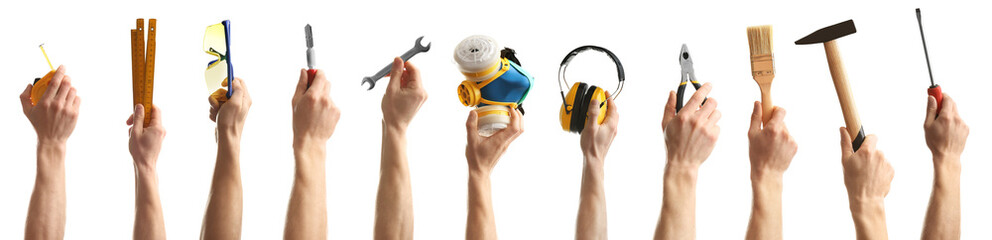 Collage with photos of men holding different construction tools on white background, closeup. Banner design