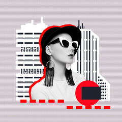 Contemporary digital collage art.  Retro fashion Lady in drawing space. Vintage lover concept