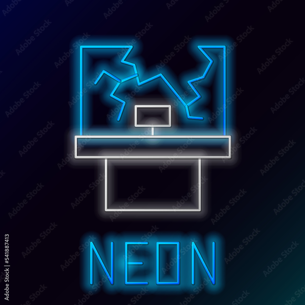 Poster glowing neon line broken window icon isolated on black background. damaged window. beaten windowpane