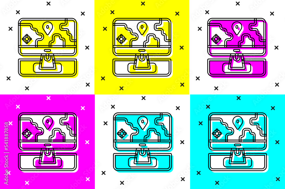 Poster set computer monitor and folded map with location marker icon isolated on color background. vector