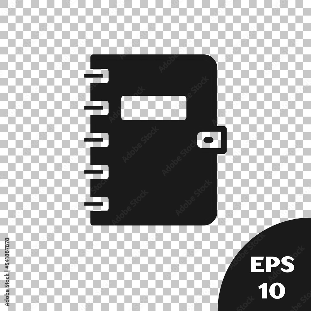 Poster black notebook icon isolated on transparent background. spiral notepad icon. school notebook. writin