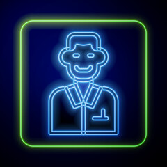 Glowing neon Trader icon isolated on blue background. Businessman trading stocks. Vector