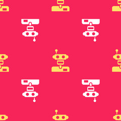 Yellow Robot icon isolated seamless pattern on red background. Vector