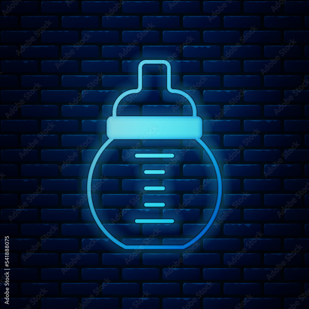 Poster Glowing neon Baby milk in a bottle icon isolated on brick wall background. Feeding bottle icon. Vector