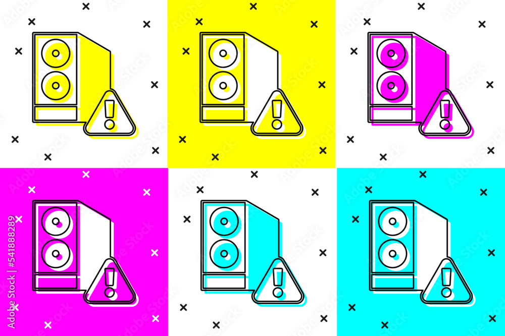 Poster set case of computer with exclamation mark icon isolated on color background. computer server. works
