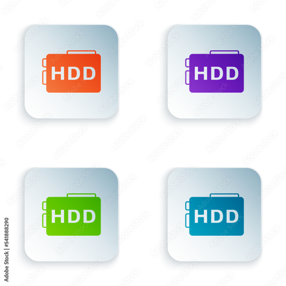 Poster color hard disk drive hdd icon isolated on white background. set colorful icons in square buttons. v