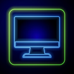 Glowing neon Computer monitor screen icon isolated on blue background. Electronic device. Front view. Vector