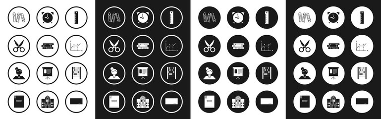 Set Ruler, Office folders with papers and documents, Scissors, Paper clip, Pie chart infographic, Alarm clock, Abacus and Teacher icon. Vector