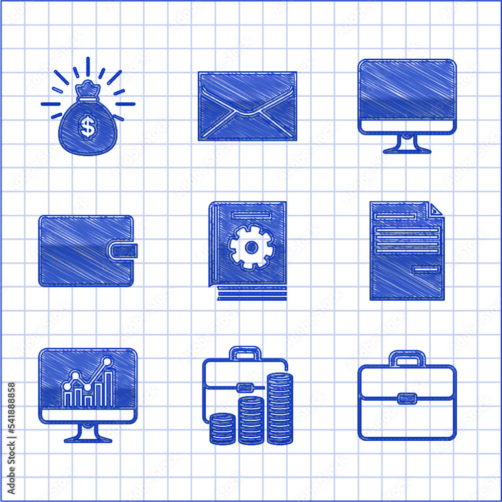 Poster set user manual, briefcase and coin, document, computer monitor with graph chart, wallet, screen and