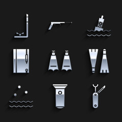 Set Rubber flippers for swimming, Flashlight, Swiss army knife, Cold and waves, Underwater note book pencil, Floating buoy on the sea and Snorkel icon. Vector