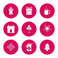 Set Christmas tree, Price tag with an inscription Sale, star, Snowflake, Calendar, Coffee cup and Merry ringing bell icon. Vector