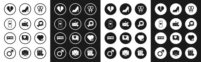 Set Female gender symbol, Envelope with heart, Mobile phone, Broken or divorce, Heart hand, Woman shoe high heel, and Speech bubble I love you icon. Vector
