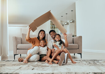 Family, care and home insurance roof portrait with parents protecting house and children....