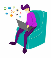 Male wear mask at sofa using laptop illustration