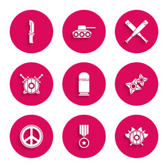 Set Cartridges, Military reward medal, Medieval shield with crossed axes, Japanese ninja shuriken, Peace, Wooden swords, Crossed baseball bat and knife icon. Vector