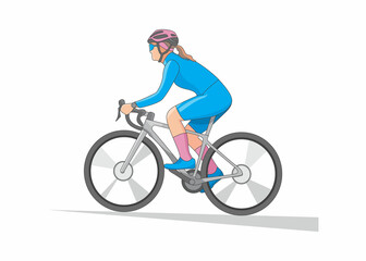 Naklejka premium Woman in blue cycling clothes riding from side view