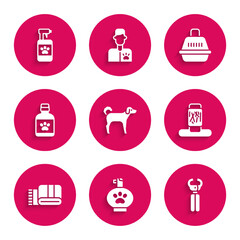 Set Dog, Pet shampoo, nail clippers, Cat scratching post, Towel stack, medicine bottle, carry case and icon. Vector