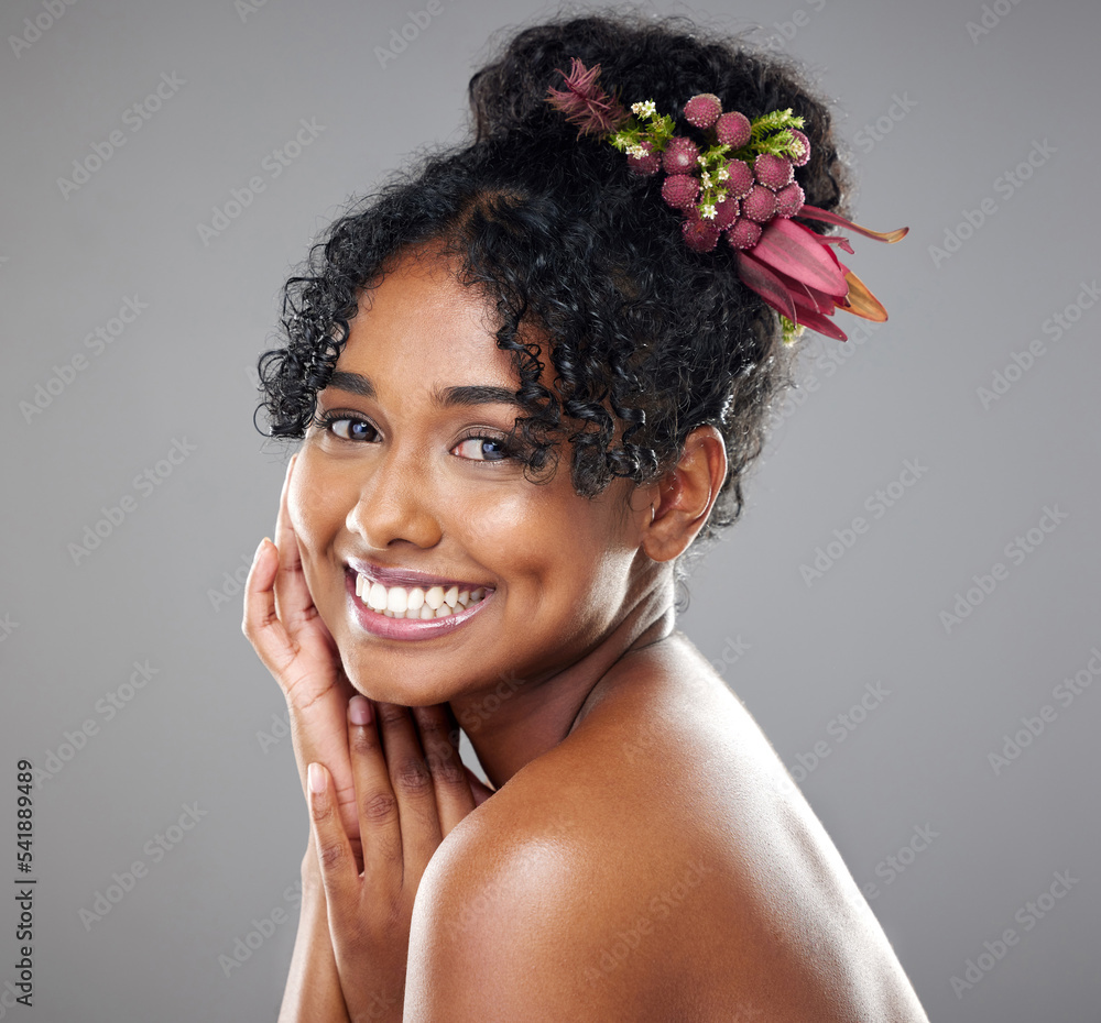 Wall mural Black woman, smile and skincare for wellness, being happy and with grey studio background. Natural beauty cosmetics and African American girl being confident, body care and happiness for smooth skin.