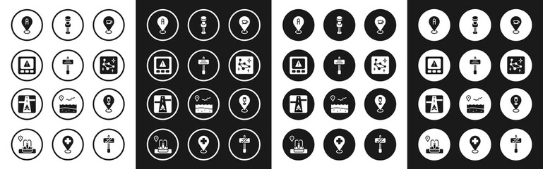 Set Location with coffee cup, Road traffic sign, Gps device error, Great Bear constellation, Push pin, Alcohol beer bar location and map icon. Vector