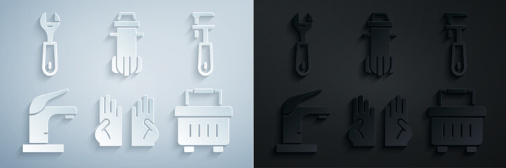 Set Rubber gloves, Pipe adjustable wrench, Water tap, Toolbox, filter and Wrench spanner icon. Vector