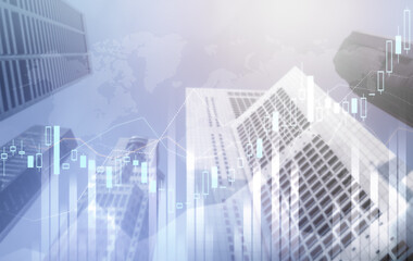 Plakat Stock market business concept. Financial graphs and digital indicators with modernistic urban area and skyscrapers as background. Double Exposure.