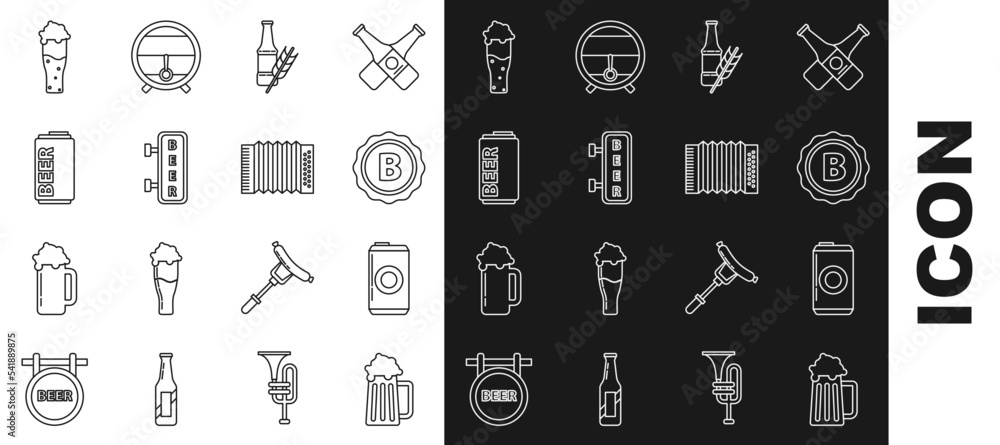 Canvas Prints Set line Wooden beer mug, Beer can, Bottle cap with inscription, bottle, Street signboard, Glass of and Musical instrument accordion icon. Vector